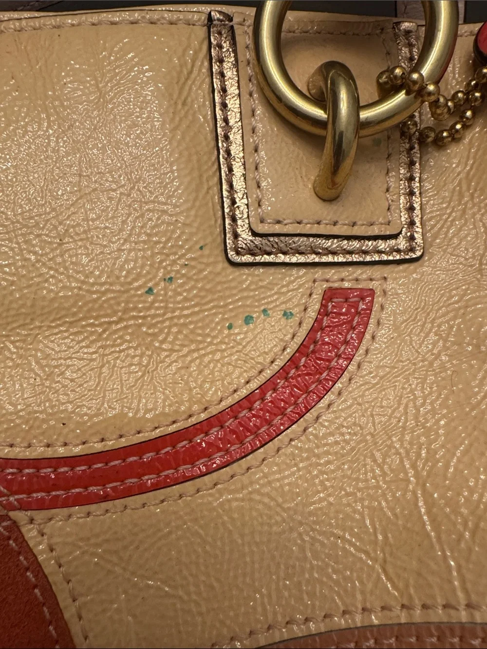 Coach Beige Leather Patchwork Tote with Coral and Tan Accents